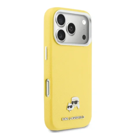 Carcasă spate Karl Lagerfeld PU cu capete de Karl și Choupette, MagSafe, pentru iPhone 17 Pro Max, galbenă