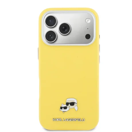 Carcasă spate Karl Lagerfeld PU cu capete de Karl și Choupette, MagSafe, pentru iPhone 17 Pro Max, galbenă