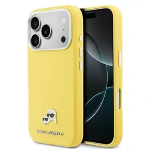 Carcasă spate Karl Lagerfeld PU cu capete de Karl și Choupette, MagSafe, pentru iPhone 17 Pro Max, galbenă
