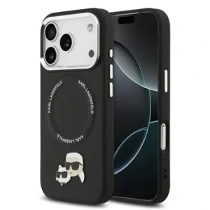 Carcasă spate Karl Lagerfeld PU cu capete de Karl și Choupette, MagSafe, pentru iPhone 17 Pro Max, neagră