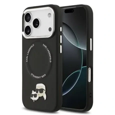 Carcasă spate Karl Lagerfeld PU cu capete de Karl și Choupette, MagSafe, pentru iPhone 17 Pro Max, neagră