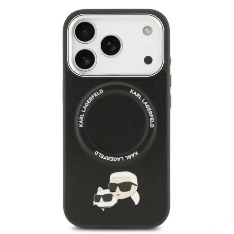 Carcasă spate Karl Lagerfeld PU cu capete de Karl și Choupette, MagSafe, pentru iPhone 17 Pro Max, neagră