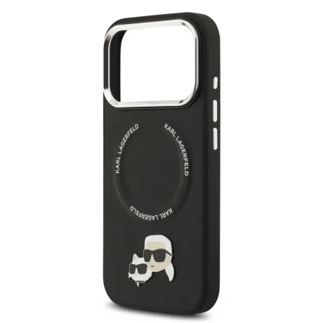 Carcasă spate Karl Lagerfeld PU cu capete de Karl și Choupette, MagSafe, pentru iPhone 17 Pro Max, neagră