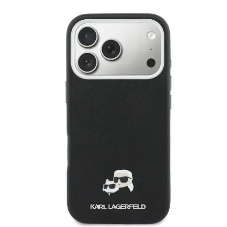Carcasă spate Karl Lagerfeld PU cu capete de Karl și Choupette, MagSafe, pentru iPhone 17 Pro, neagră