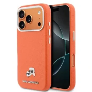Carcasă spate Karl Lagerfeld PU cu capete de Karl și Choupette, MagSafe, portocalie, pentru iPhone 17 Pro
