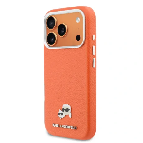 Carcasă spate Karl Lagerfeld PU cu capete de Karl și Choupette, MagSafe, portocalie, pentru iPhone 17 Pro