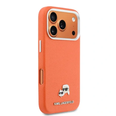 Carcasă spate Karl Lagerfeld PU cu capete de Karl și Choupette, MagSafe, portocalie, pentru iPhone 17 Pro