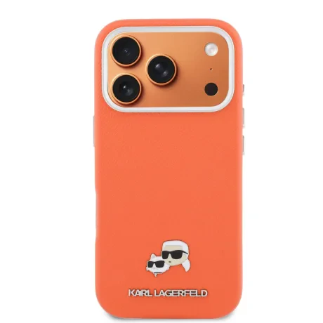 Carcasă spate Karl Lagerfeld PU cu capete de Karl și Choupette, MagSafe, portocalie, pentru iPhone 17 Pro