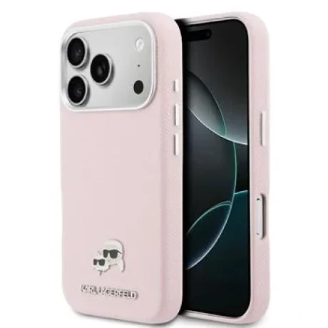 Carcasă spate Karl Lagerfeld PU cu capete de Karl și Choupette, MagSafe, roz, pentru iPhone 17 Pro Max