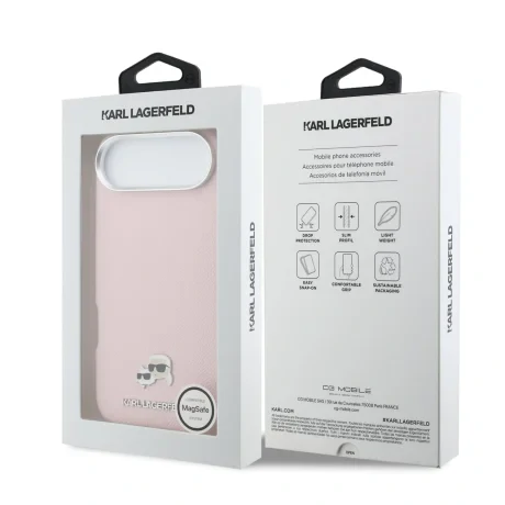 Carcasă spate Karl Lagerfeld PU cu capete de Karl și Choupette, MagSafe, roz, pentru iPhone Air