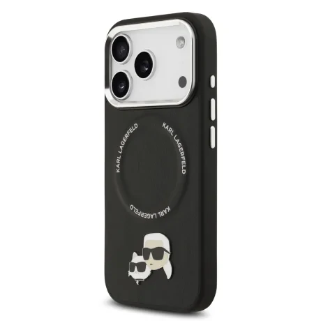 Carcasă spate Karl Lagerfeld PU cu capete Karl și Choupette, MagSafe, pentru iPhone 17 Pro, neagră