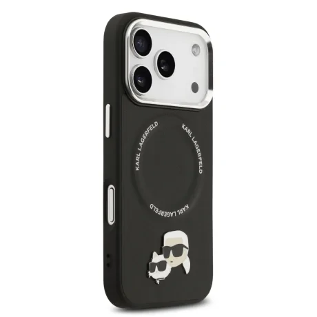 Carcasă spate Karl Lagerfeld PU cu capete Karl și Choupette, MagSafe, pentru iPhone 17 Pro, neagră