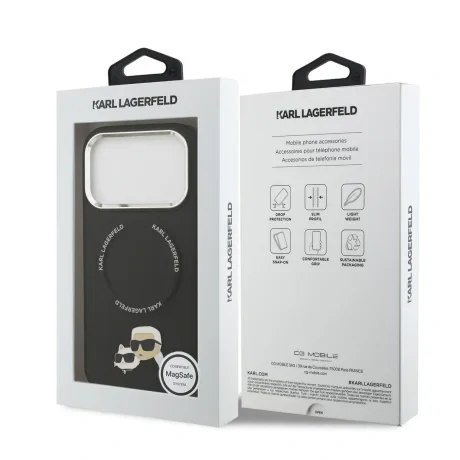 Carcasă spate Karl Lagerfeld PU cu capete Karl și Choupette, MagSafe, pentru iPhone 17 Pro, neagră