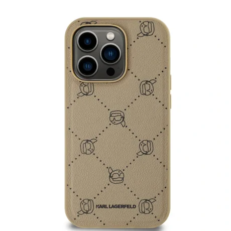 Carcasă spate Karl Lagerfeld PU cu model Karl Heads Magsafe pentru iPhone 14 Pro Max, bej