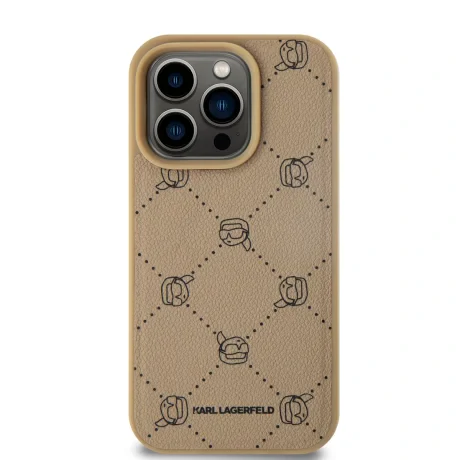 Carcasă spate Karl Lagerfeld PU cu model Karl Heads Magsafe pentru iPhone 15 Pro, bej
