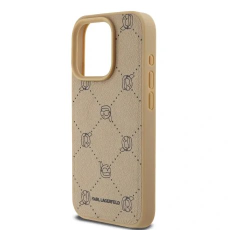 Carcasă spate Karl Lagerfeld PU cu model Karl Heads Magsafe pentru iPhone 15 Pro, bej