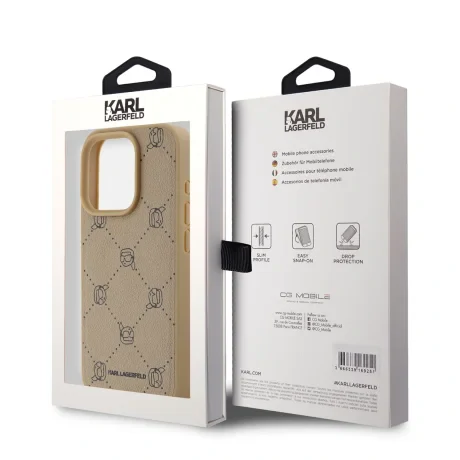 Carcasă spate Karl Lagerfeld PU cu model Karl Heads Magsafe pentru iPhone 15 Pro Max, bej