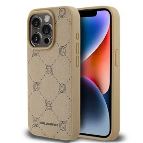 Carcasă spate Karl Lagerfeld PU cu model Karl Heads Magsafe pentru iPhone 15 Pro Max, bej
