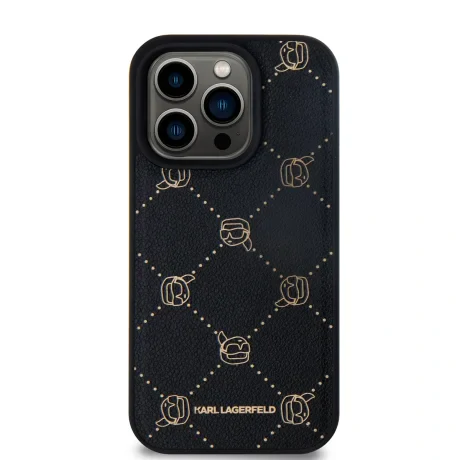 Carcasă spate Karl Lagerfeld PU cu model Karl Heads Magsafe pentru iPhone 15 Pro Max, neagră