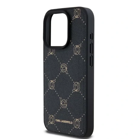 Carcasă spate Karl Lagerfeld PU cu model Karl Heads Magsafe pentru iPhone 15 Pro Max, neagră