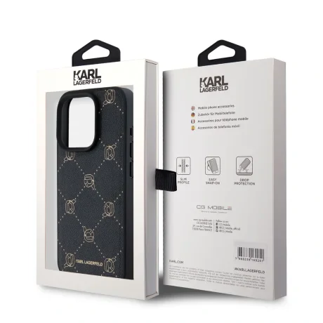 Carcasă spate Karl Lagerfeld PU cu model Karl Heads Magsafe pentru iPhone 15 Pro Max, neagră