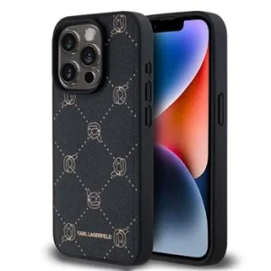 Carcasă spate Karl Lagerfeld PU cu model Karl Heads Magsafe pentru iPhone 15 Pro Max, neagră