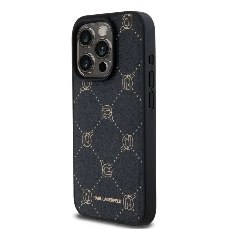 Carcasă spate Karl Lagerfeld PU cu model Karl Heads Magsafe pentru iPhone 15 Pro Max, neagră