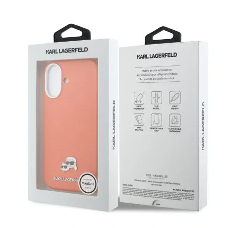 Carcasă spate Karl Lagerfeld PU Karl and Choupette Heads Pins MagSafe pentru iPhone 17 portocaliu