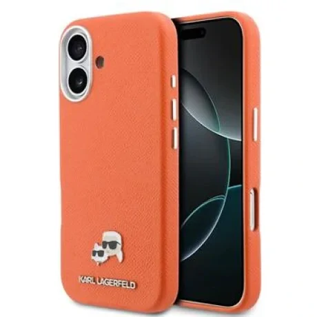 Carcasă spate Karl Lagerfeld PU Karl and Choupette Heads Pins MagSafe pentru iPhone 17 portocaliu
