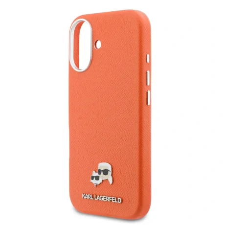 Carcasă spate Karl Lagerfeld PU Karl and Choupette Heads Pins MagSafe pentru iPhone 17 portocaliu