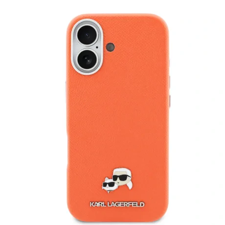 Carcasă spate Karl Lagerfeld PU Karl and Choupette Heads Pins MagSafe pentru iPhone 17 portocaliu