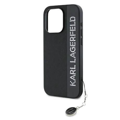 Carcasă spate Karl Lagerfeld PU Saffiano cu pandantiv stras pentru iPhone 15 Pro Max, neagră