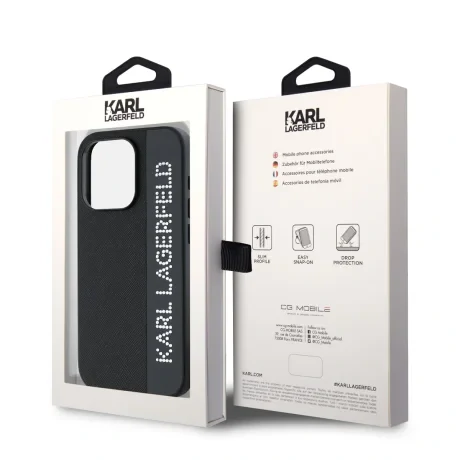 Carcasă spate Karl Lagerfeld PU Saffiano cu pandantiv stras pentru iPhone 15 Pro Max, neagră