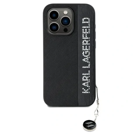 Carcasă spate Karl Lagerfeld PU Saffiano cu pandantiv stras pentru iPhone 15 Pro Max, neagră