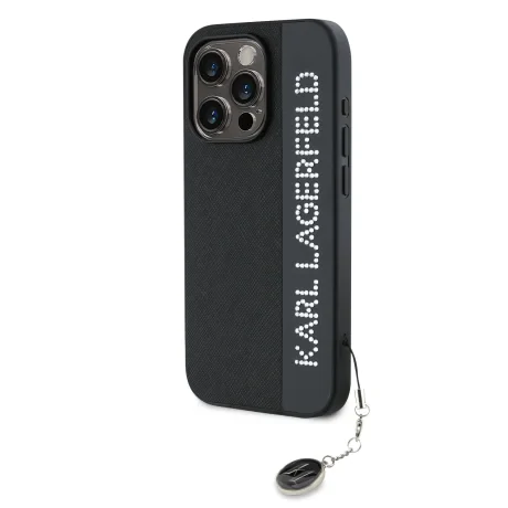 Carcasă spate Karl Lagerfeld PU Saffiano cu pandantiv stras pentru iPhone 15 Pro Max, neagră