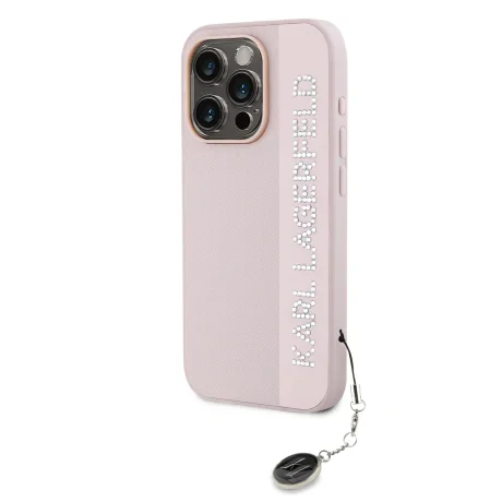 Carcasă spate Karl Lagerfeld PU Saffiano cu pandantiv stras pentru iPhone 15 Pro Max, roz