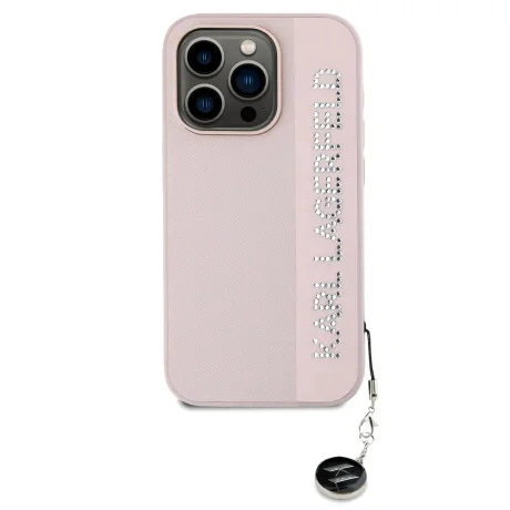 Carcasă spate Karl Lagerfeld PU Saffiano cu pandantiv stras pentru iPhone 15 Pro Max, roz