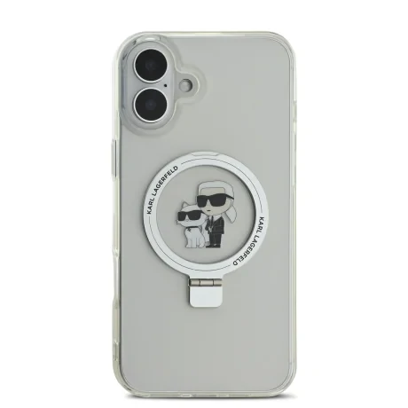 Carcasă spate Karl Lagerfeld Ringstand Karl and Choupette MagSafe pentru iPhone 16, albă