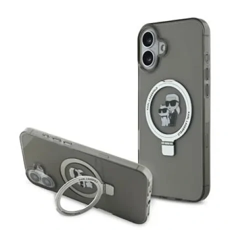 Carcasă spate Karl Lagerfeld Ringstand Karl and Choupette MagSafe pentru iPhone 16, neagră