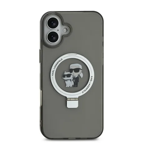 Carcasă spate Karl Lagerfeld Ringstand Karl and Choupette MagSafe pentru iPhone 16, neagră