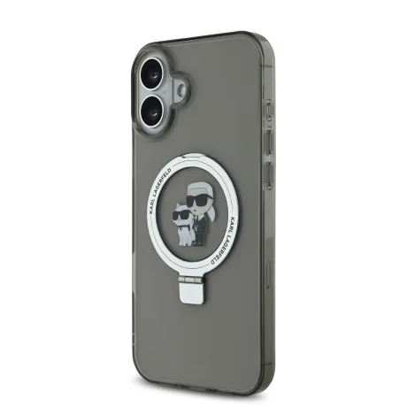 Carcasă spate Karl Lagerfeld Ringstand Karl and Choupette MagSafe pentru iPhone 16, neagră