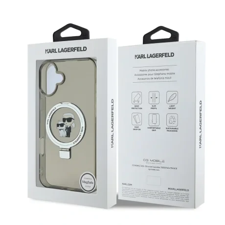 Carcasă spate Karl Lagerfeld Ringstand Karl and Choupette MagSafe pentru iPhone 16, neagră