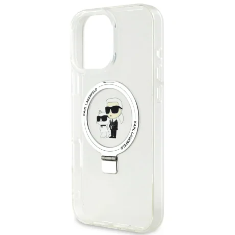 Carcasă spate Karl Lagerfeld Ringstand Karl and Choupette MagSafe pentru iPhone 16 Pro Max, albă