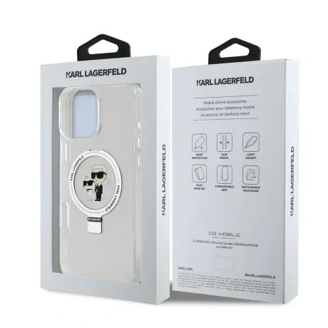 Carcasă spate Karl Lagerfeld Ringstand Karl and Choupette MagSafe pentru iPhone 16 Pro Max, albă