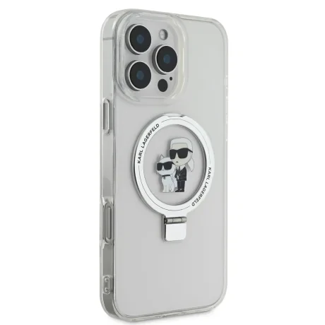 Carcasă spate Karl Lagerfeld Ringstand Karl and Choupette MagSafe pentru iPhone 16 Pro Max, albă