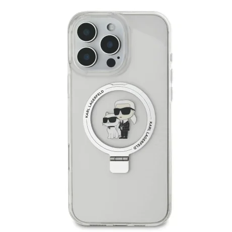 Carcasă spate Karl Lagerfeld Ringstand Karl and Choupette MagSafe pentru iPhone 16 Pro Max, albă