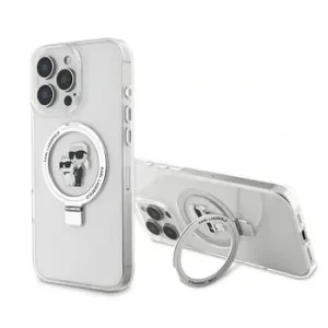 Carcasă spate Karl Lagerfeld Ringstand Karl and Choupette MagSafe pentru iPhone 16 Pro Max, albă