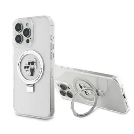 Carcasă spate Karl Lagerfeld Ringstand Karl and Choupette MagSafe pentru iPhone 16 Pro Max, albă