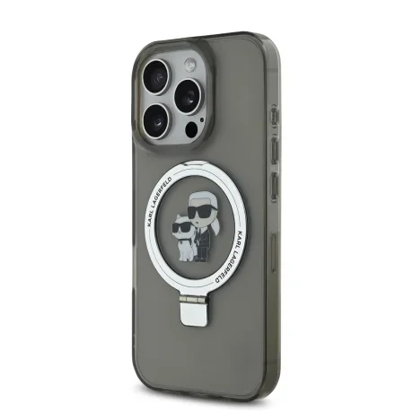 Carcasă spate Karl Lagerfeld Ringstand Karl and Choupette MagSafe pentru iPhone 16 Pro Max, neagră