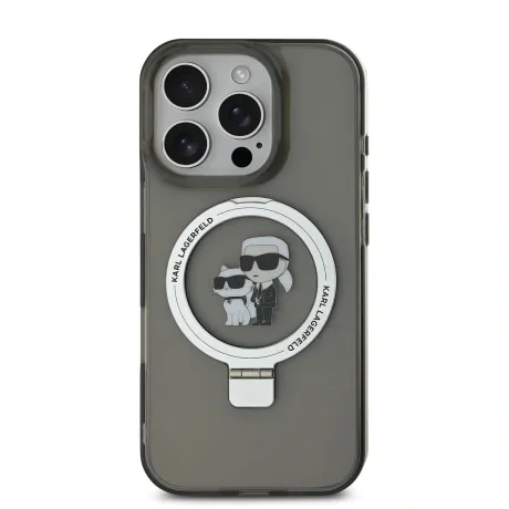 Carcasă spate Karl Lagerfeld Ringstand Karl and Choupette MagSafe pentru iPhone 16 Pro Max, neagră